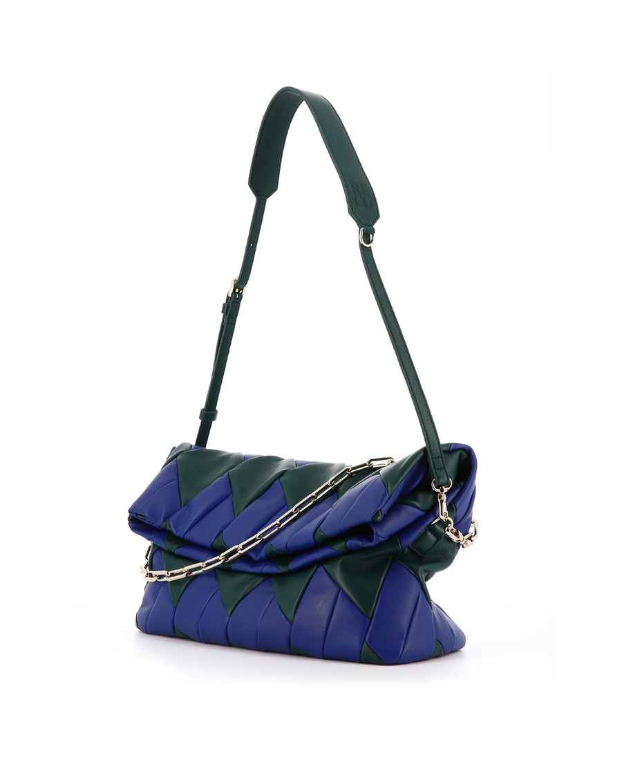 RECO Crossbody bag ROMBO crafted from blue and green paneled leather with its detachable and ajustable black shoulder strap made in calfskin leather