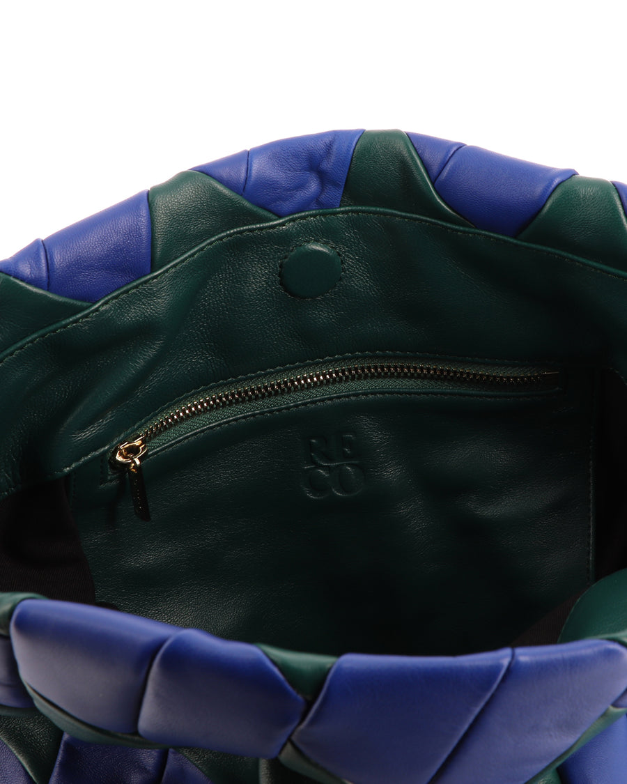 RECO Crossbody bag ROMBO crafted from blue and green paneled leather with showing inside large capacity with a patch interior pocket with zipper 