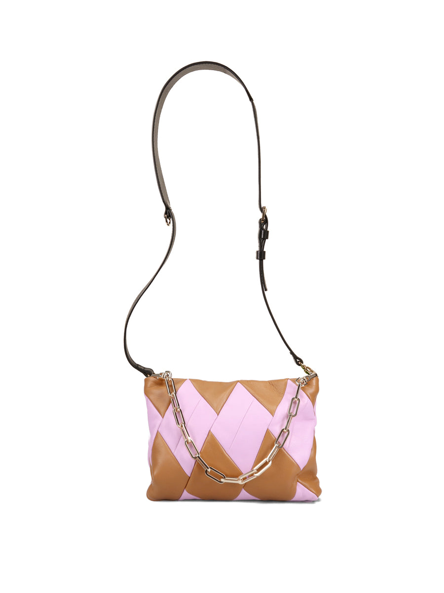 RECO Crossbody pouch bag CUBO crafted from light brown and light pink paneled leather with a detachable gold chain strap and ajustable black shoulder strap made in calfskin leather