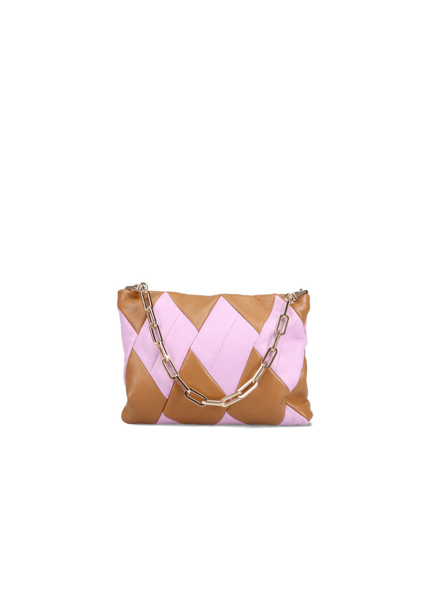 RECO Crossbody pouch bag CUBO crafted from light brown and light pink paneled leather with a functional small and compact size to fit all the essentials like a phone, wallet and keys 