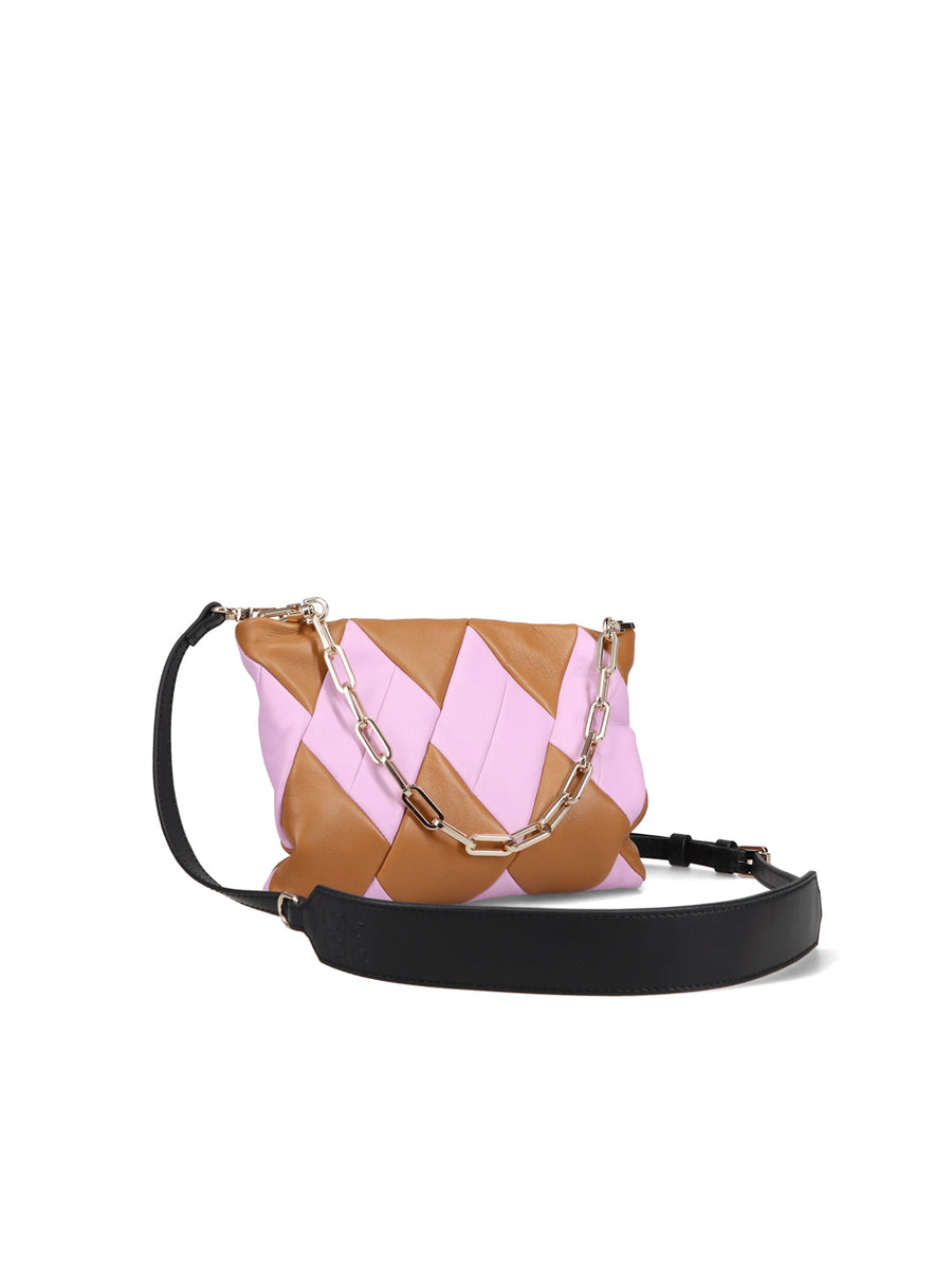 RECO Crossbody pouch bag CUBO crafted from light brown and light pink paneled leather features no logo outside and an original and feminine patchwork design 