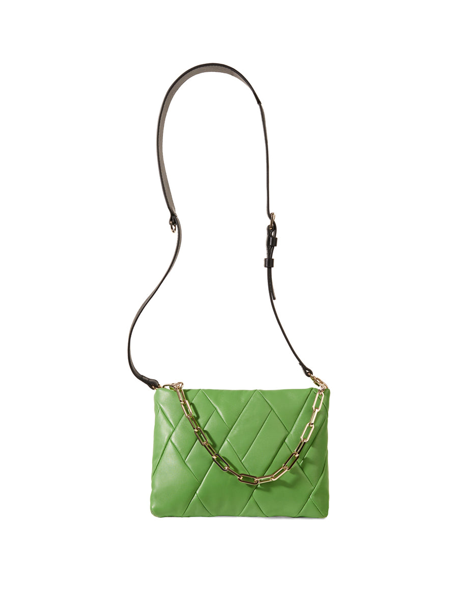 RECO Crossbody pouch bag CUBO crafted from light green paneled leather with a detachable gold chain strap and ajustable black shoulder strap made in calfskin leather