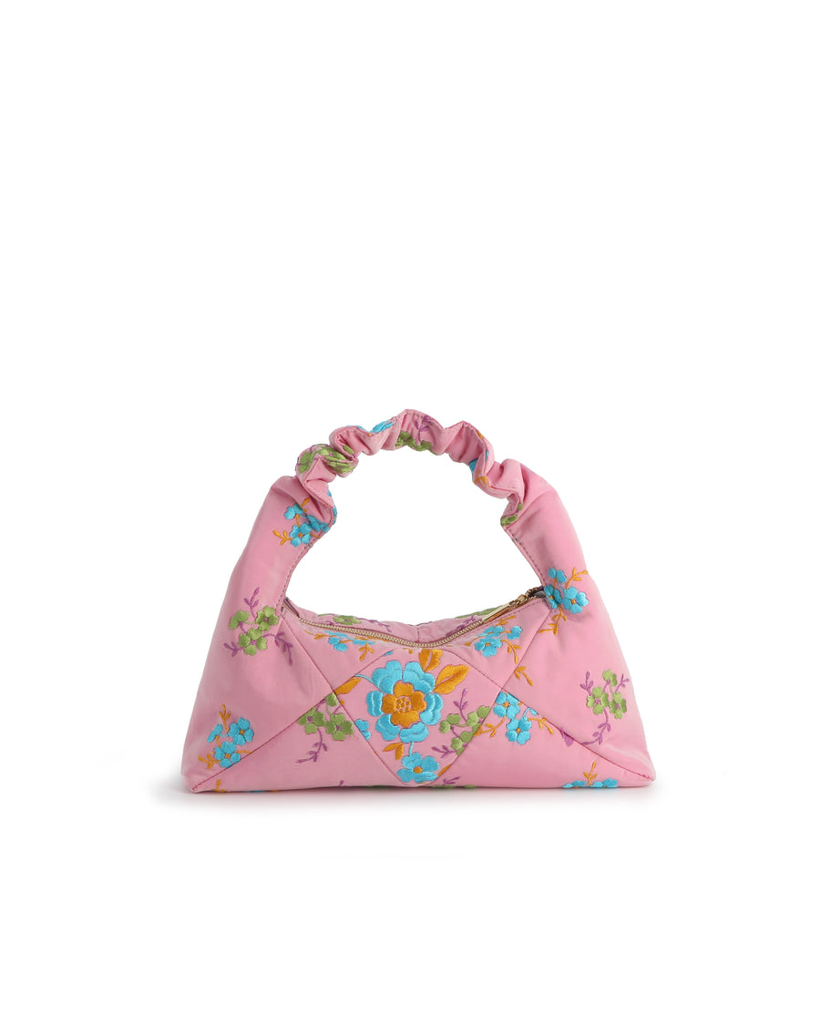 RECO handbag DIDI HOBO crafted from pastel pink embroidered satin with a tactile and soft orignal texture from upcycled