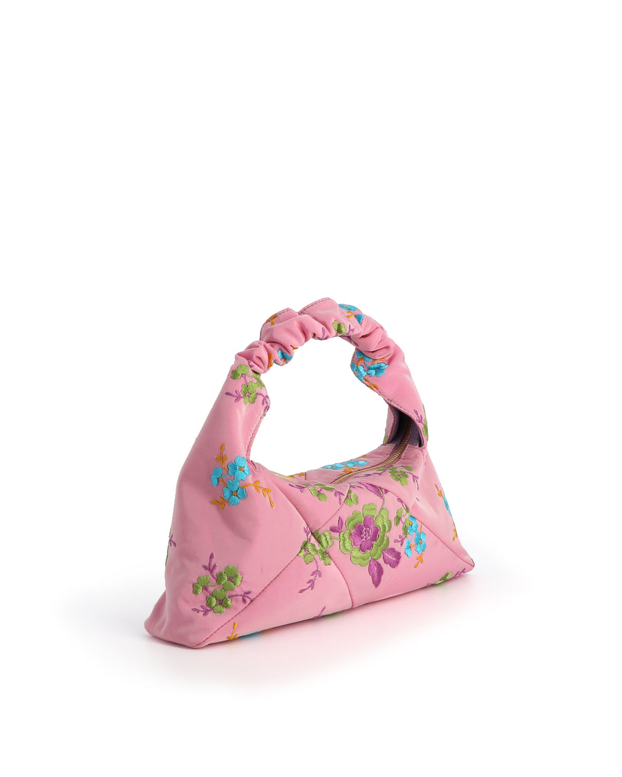 RECO handbag DIDI HOBO crafted from pastel pink embroidered satin from upcycled and sustainable materials with a colorful and confortable design  