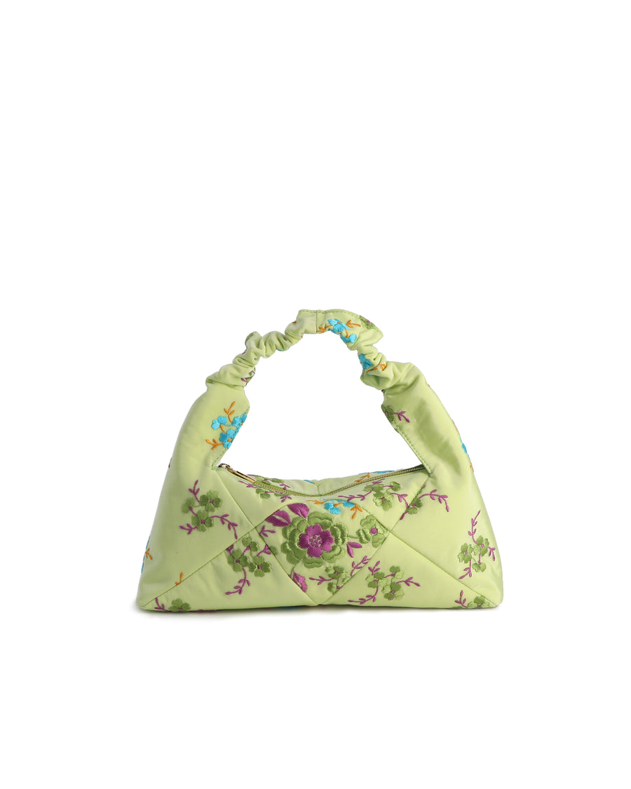 RECO handbag DIDI HOBO crafted from pastel green embroidered satin with a tactile and soft orignal texture from upcycled