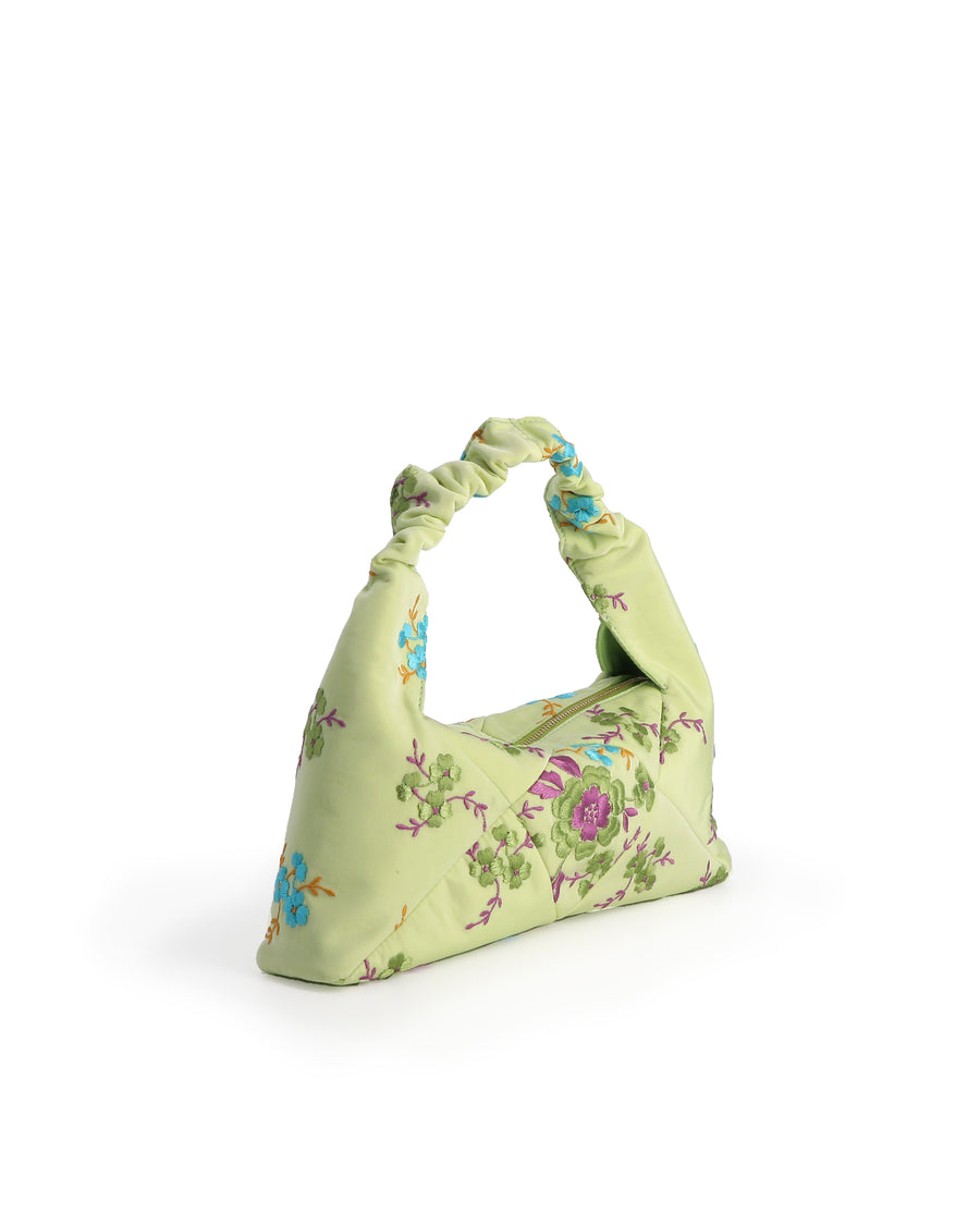 RECO handbag DIDI HOBO crafted from pastel green embroidered satin from upcycled and sustainable materials with a colorful and confortable design  