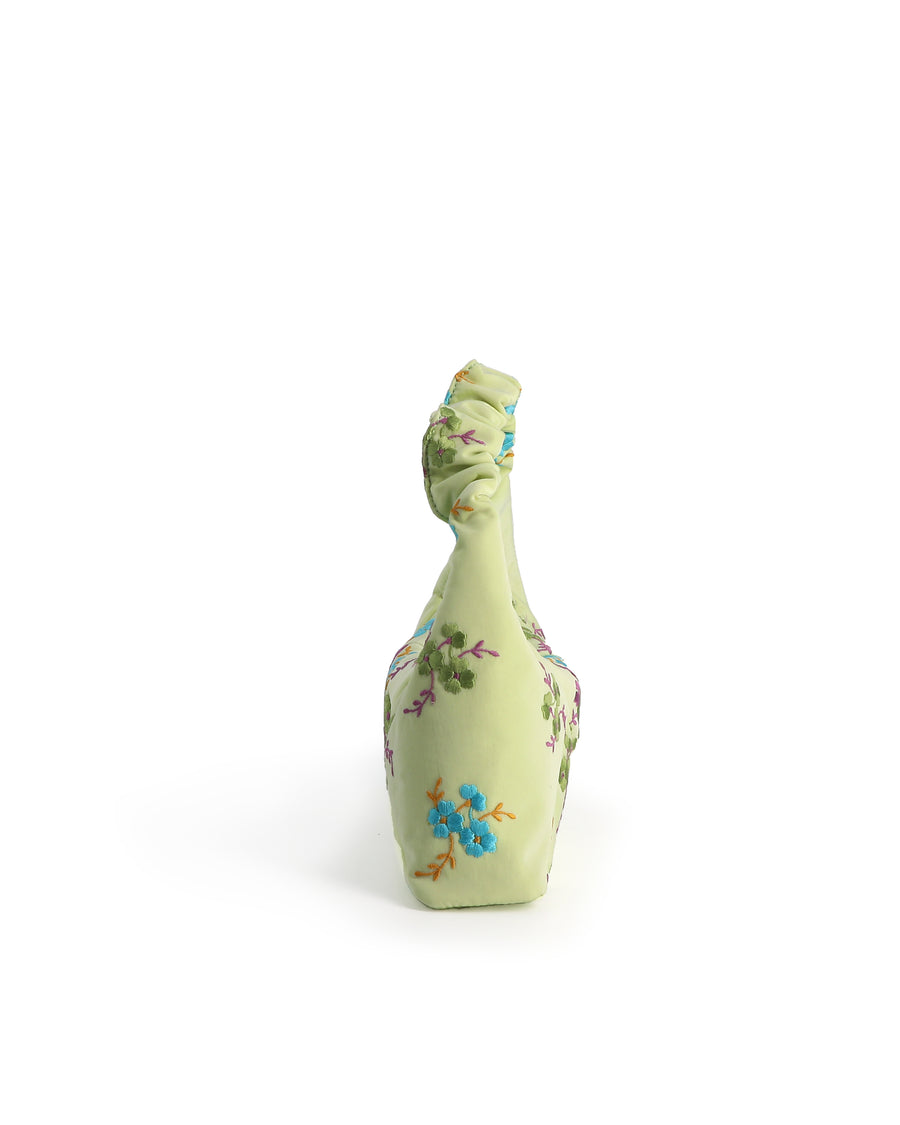 RECO handbag DIDI HOBO crafted from pastel green embroidered satin from upcycled and sustainable materials with a colorful and confortable design  