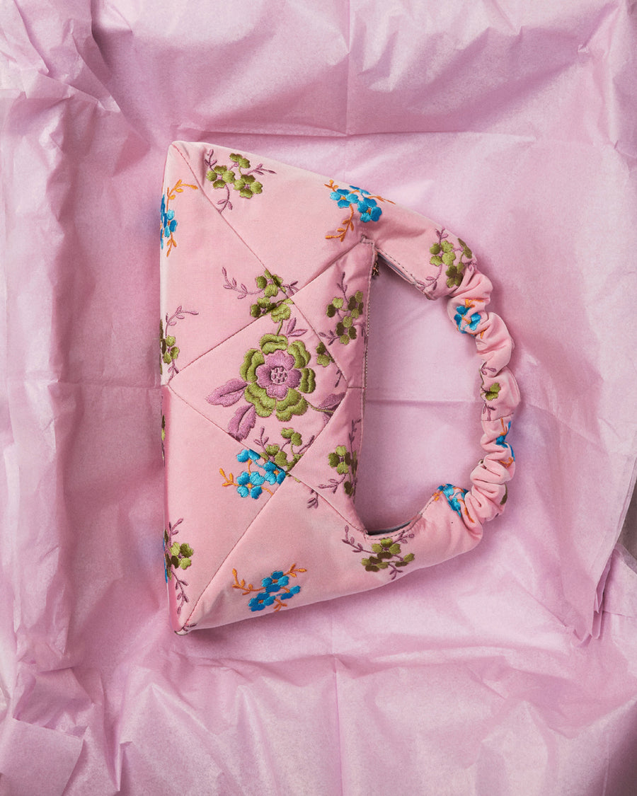 RECO handbag DIDI HOBO crafted from pastel pink embroidered satin features no logo outside and an original and feminine patchwork design 