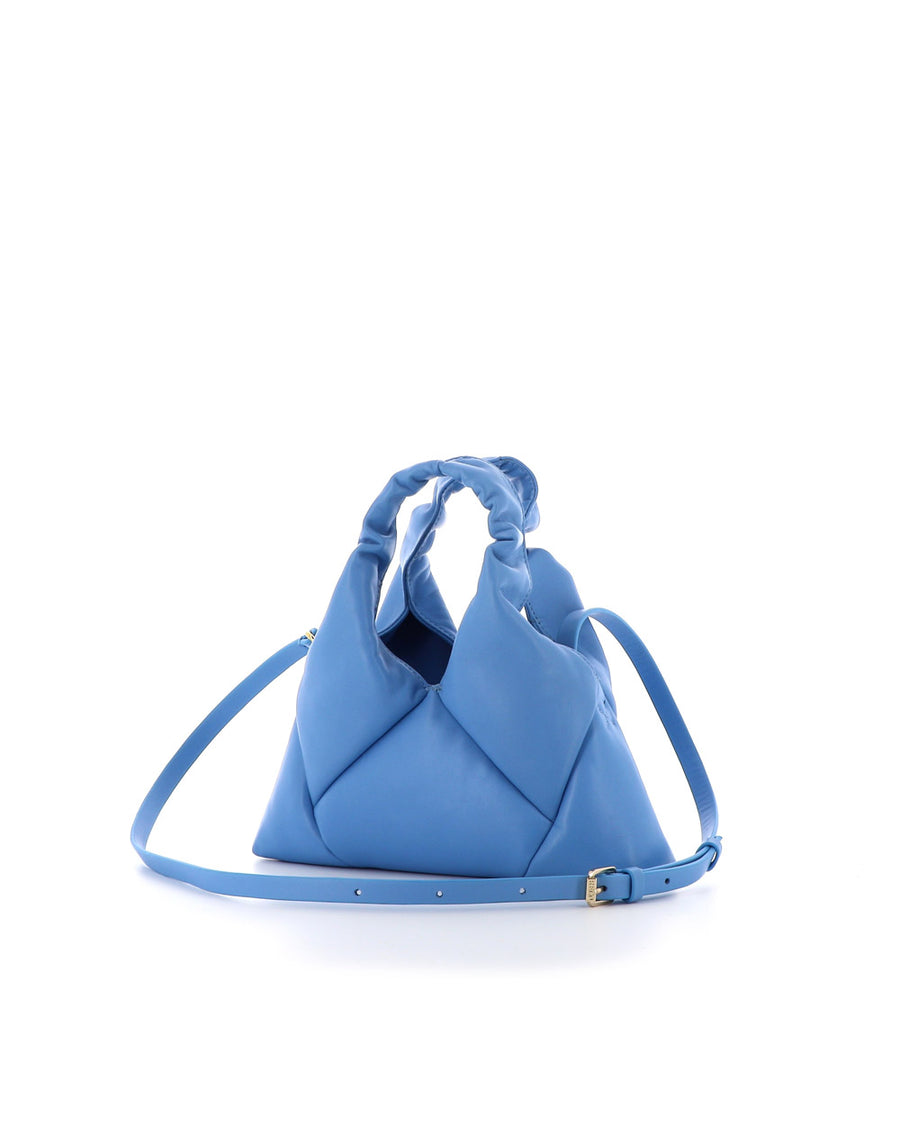 RECO handbag MINI DIDI crafted from blue paneled leather with its detachable and ajustable shoulder strap for a comfortable crossbody wear. 