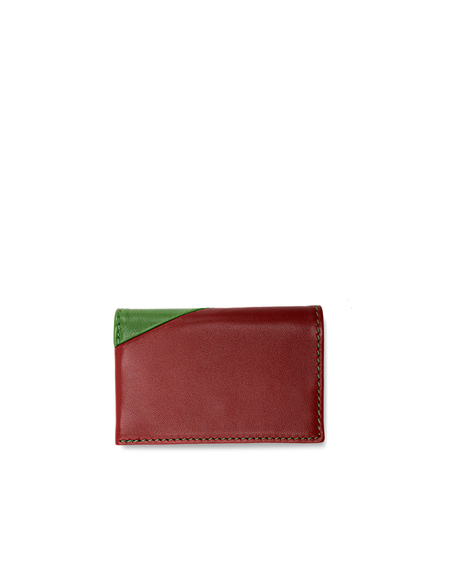 RECO Paris DIAGO card holder back view showing soft green and red Nappa leather and artisanal patchwork finish.