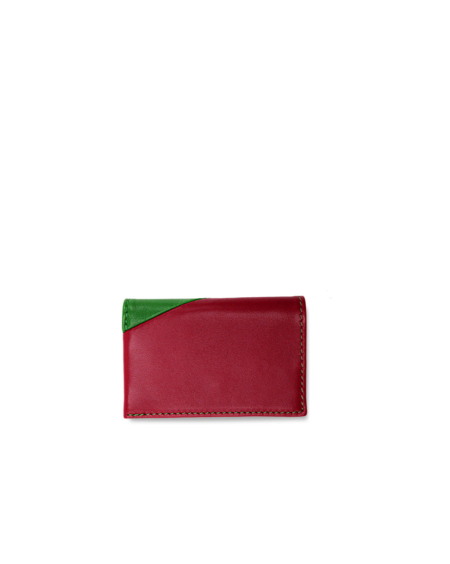 RECO Paris DIAGO card holder back view showing soft green and red Nappa leather and artisanal patchwork finish.