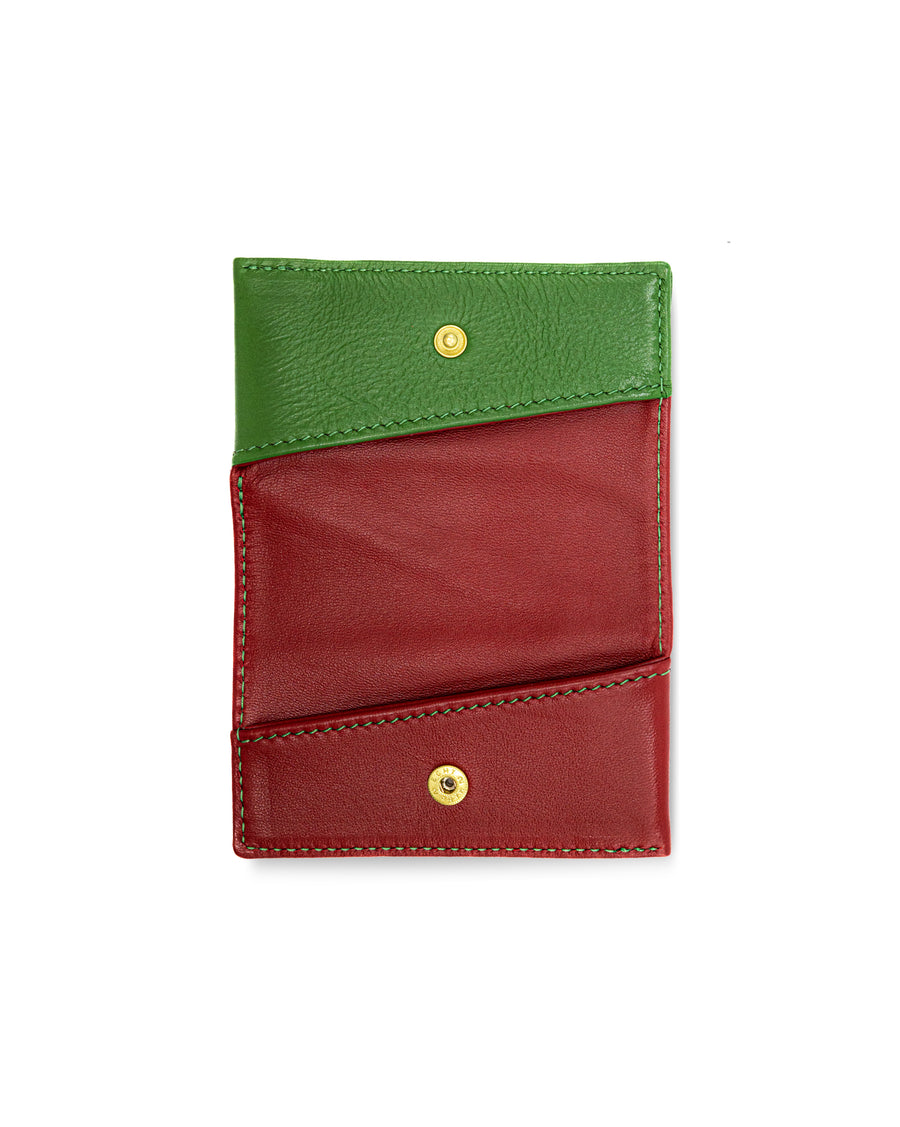 RECO Paris DIAGO card holder open with two compartments in green and red Nappa lambskin, elegant and functional.