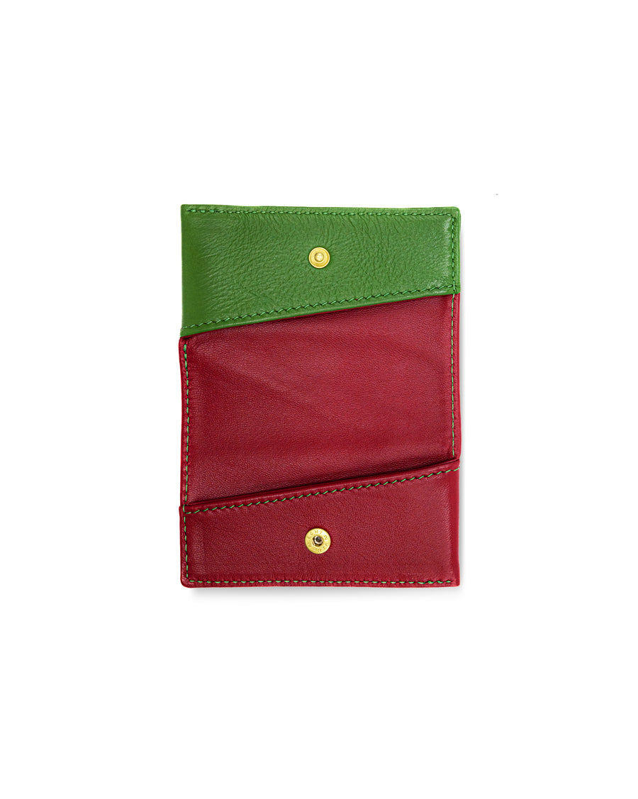 RECO Paris DIAGO card holder open with two compartments in green and red Nappa lambskin, elegant and functional.