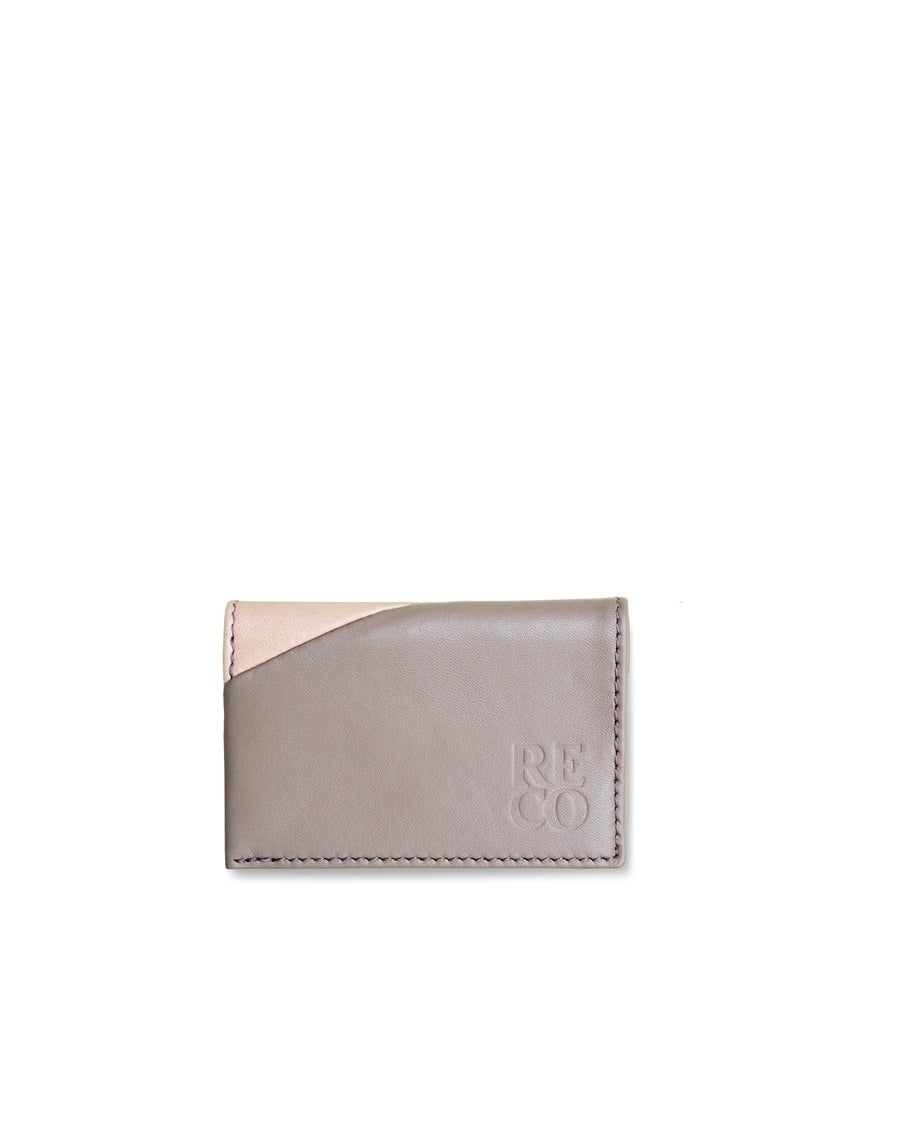 RECO Paris DIAGO folded card holder in grey and nude Nappa lambskin with signature diagonal patchwork design.