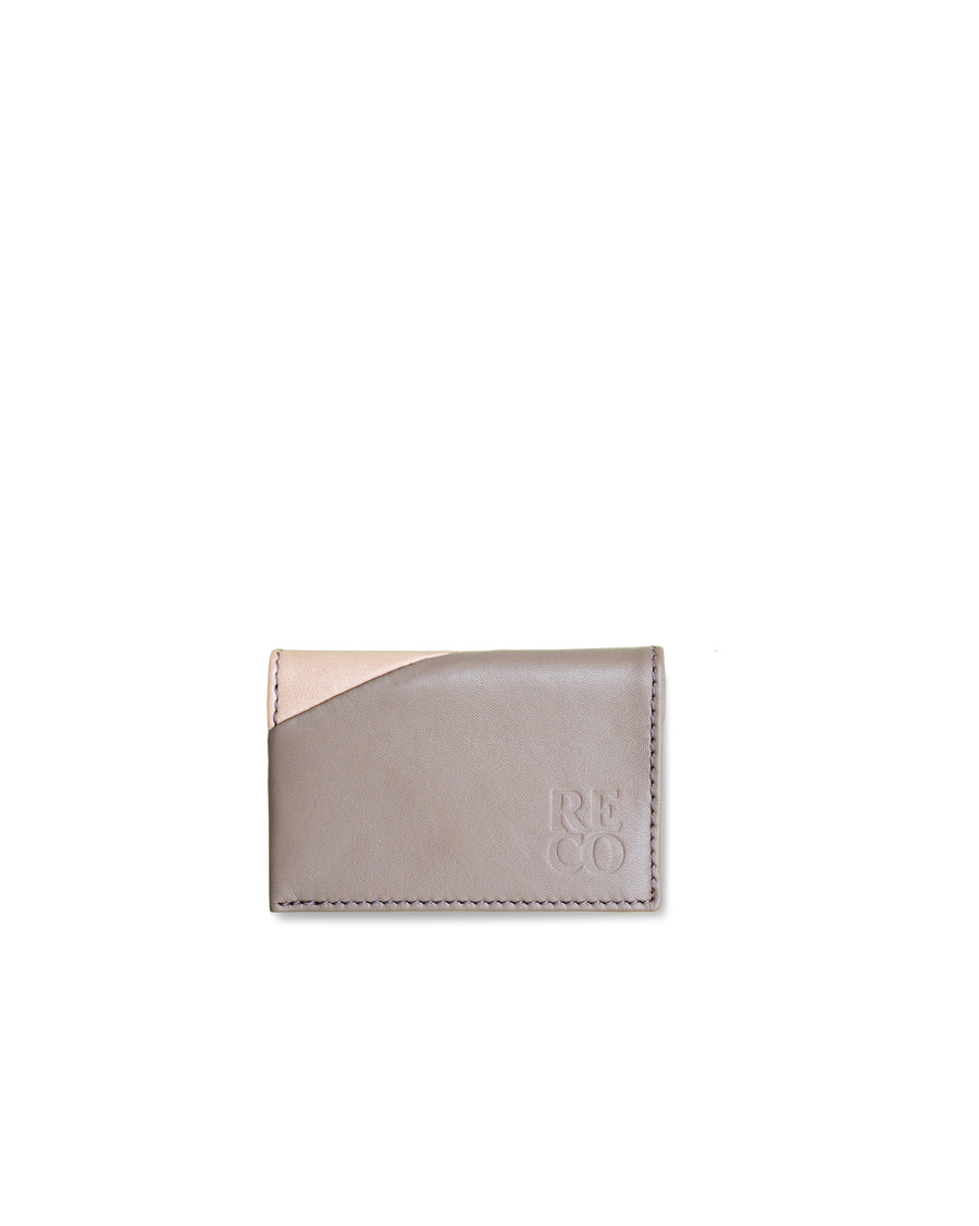 RECO Paris DIAGO folded card holder in grey and nude Nappa lambskin with signature diagonal patchwork design.