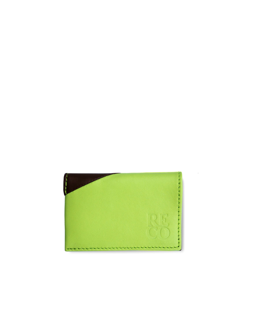 RECO Paris DIAGO folded card holder in green and brown Nappa lambskin with signature diagonal patchwork design.