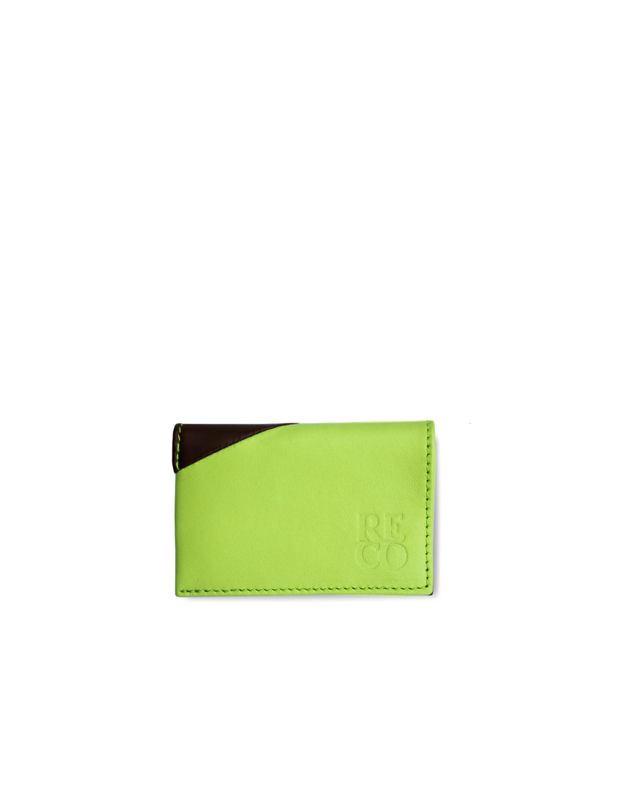 RECO Paris DIAGO folded card holder in green and brown Nappa lambskin with signature diagonal patchwork design.