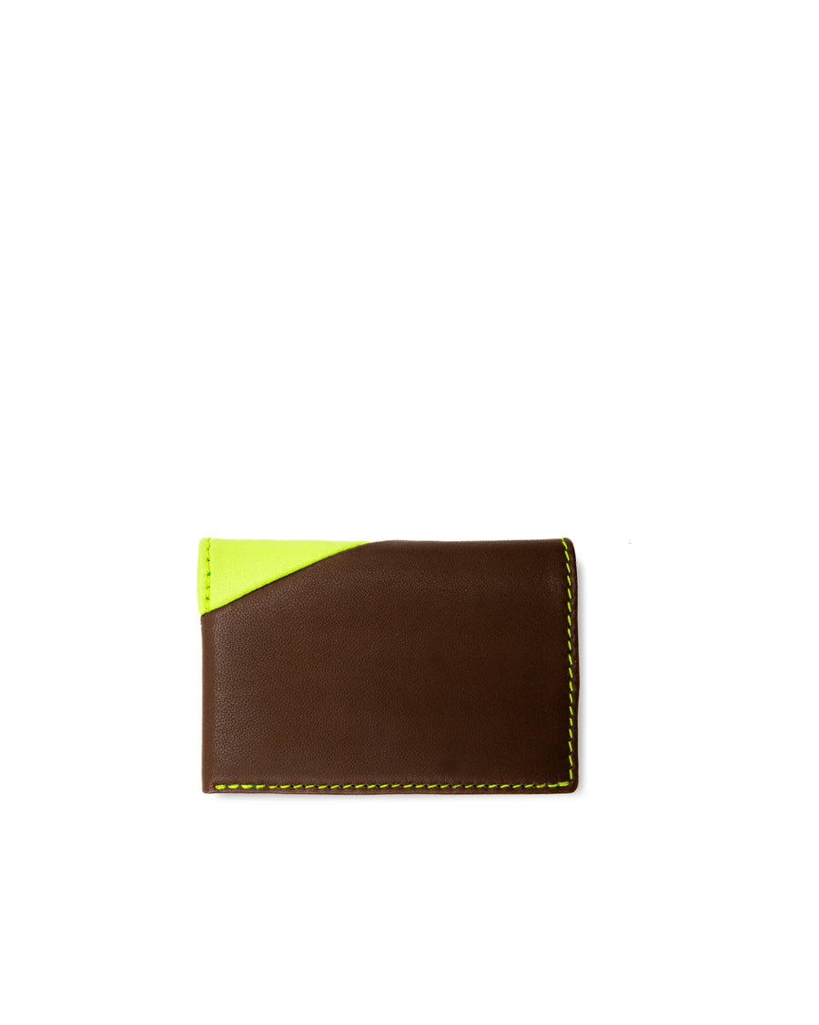 RECO Paris DIAGO card holder back view showing supple green and brown Nappa leather and elegant patchwork finish.