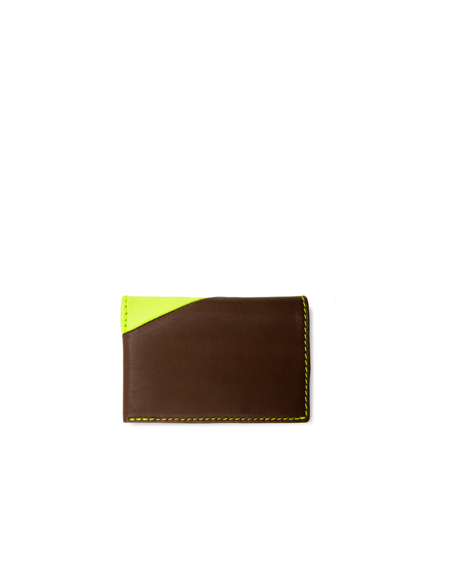 RECO Paris DIAGO card holder back view showing supple green and brown Nappa leather and elegant patchwork finish.