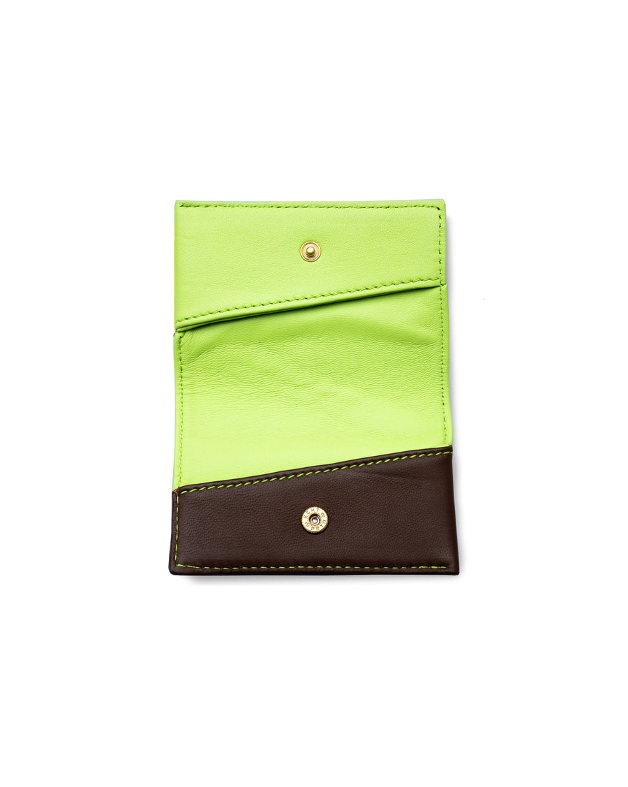 RECO Paris DIAGO card holder open view with two compartments in green and brown Nappa lambskin, lightweight and functional.