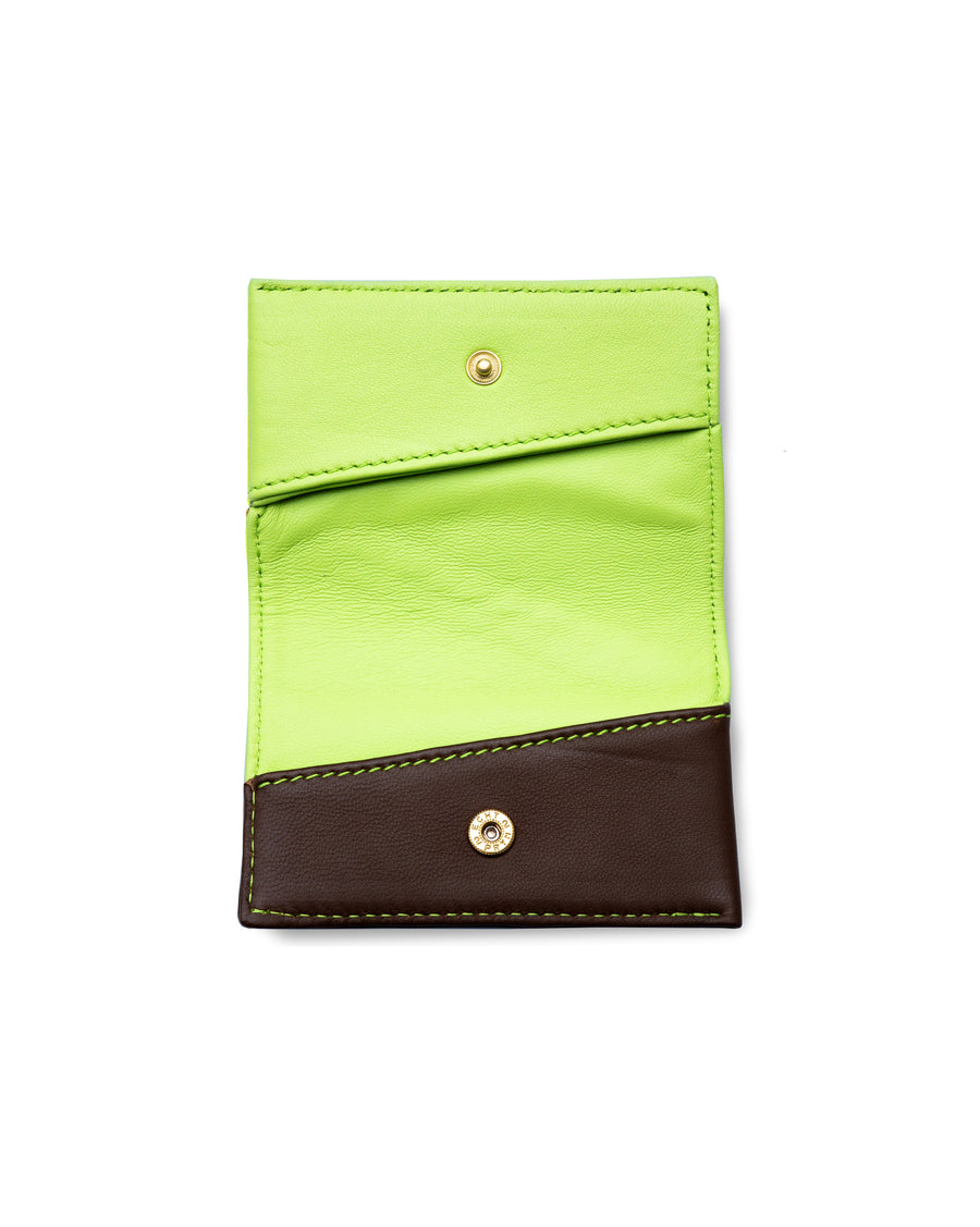 RECO Paris DIAGO card holder open view with two compartments in green and brown Nappa lambskin, lightweight and functional.