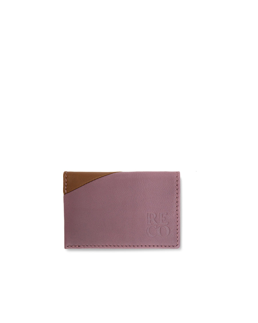 RECO Paris DIAGO folded card holder in purple and brown Nappa lambskin with signature diagonal patchwork design.