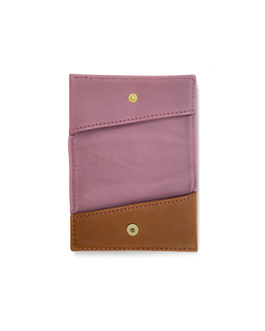 RECO Paris DIAGO card holder open with two compartments in purple and brown Nappa lambskin, functional and limited edition.