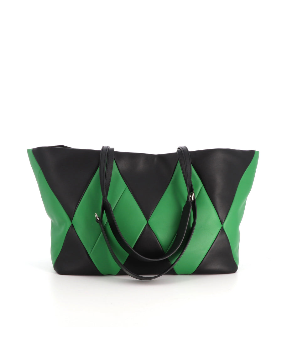 RECO handbag TRIXI crafted from black and green paneled nappa leather with a colorful and original patchwork design.