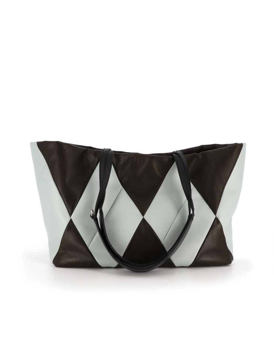 RECO handbag TRIXI crafted from brown and light blue paneled nappa leather with soft tactile texture and elegant patchwork.