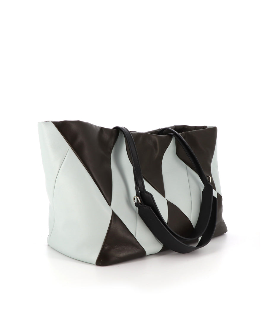 RECO Paris TRIXI tote bag in brown and light blue upcycled leather, sustainable and lightweight for everyday use.