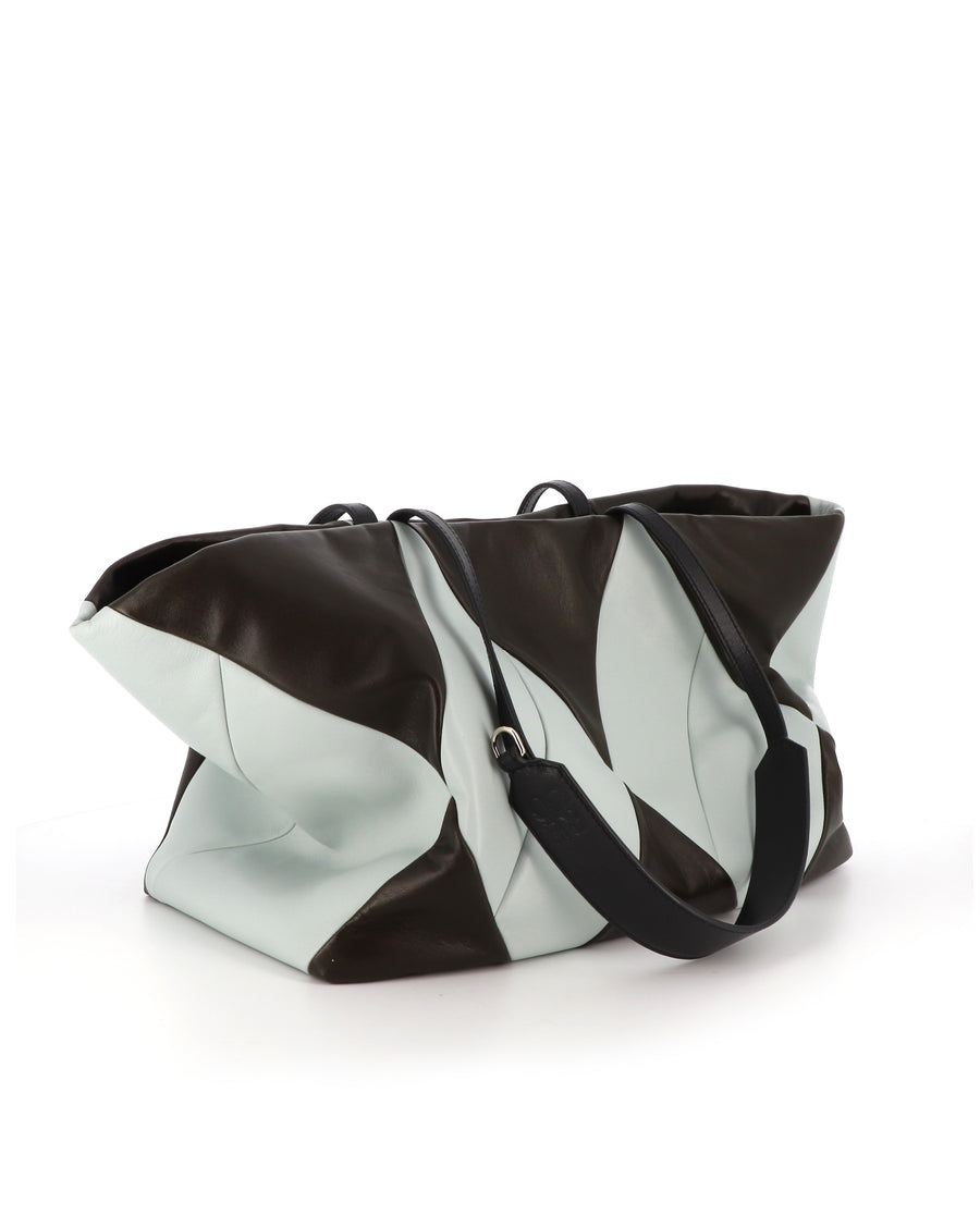 RECO TRIXI handbag in brown and light blue nappa leather with a creative and colorful design from a young Parisian brand.