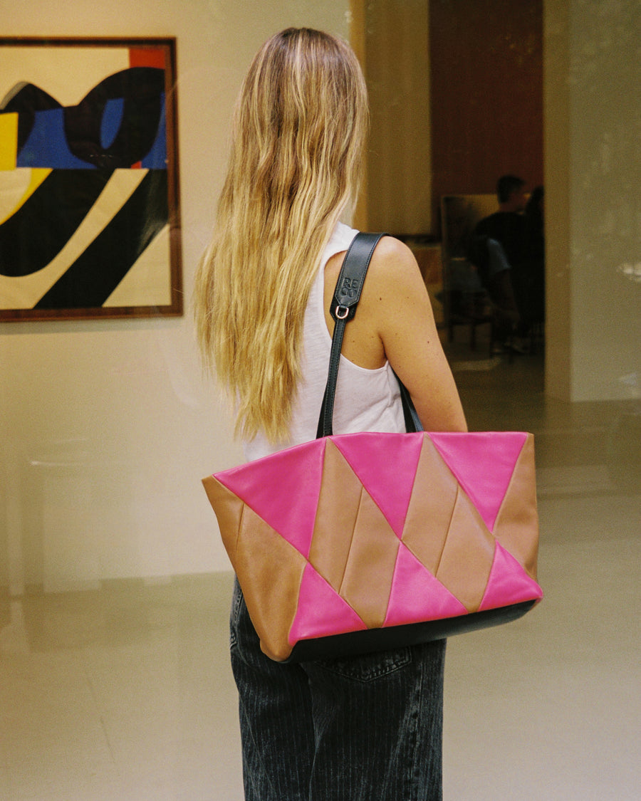 RECO TRIXI tote bag in fuchsia and brown nappa leather, artisanal and colorful, ideal to gift or carry a laptop.