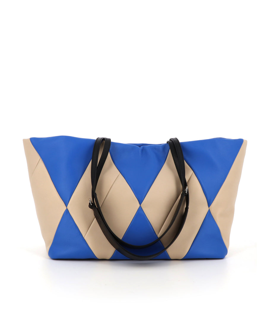 RECO handbag TRIXI crafted from electric blue and white paneled nappa leather with black calfskin handles and a modern creative design.