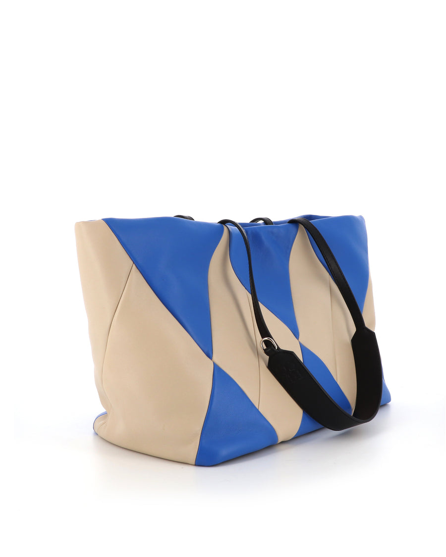RECO Paris TRIXI tote bag in electric blue and white upcycled leather, lightweight and sustainable.