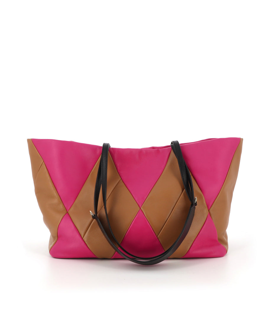 RECO handbag TRIXI crafted from fuchsia and brown paneled nappa leather with two brown calfskin handles and a colorful, creative design.