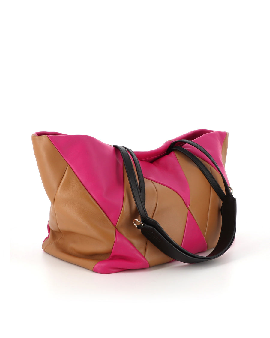 RECO Paris TRIXI tote bag in fuchsia and brown upcycled leather, lightweight and functional for everyday use or travel.