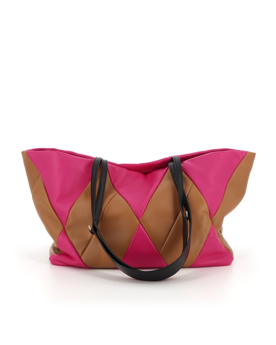 RECO TRIXI handbag in fuchsia and brown patchwork design, made of soft sustainable nappa leather.