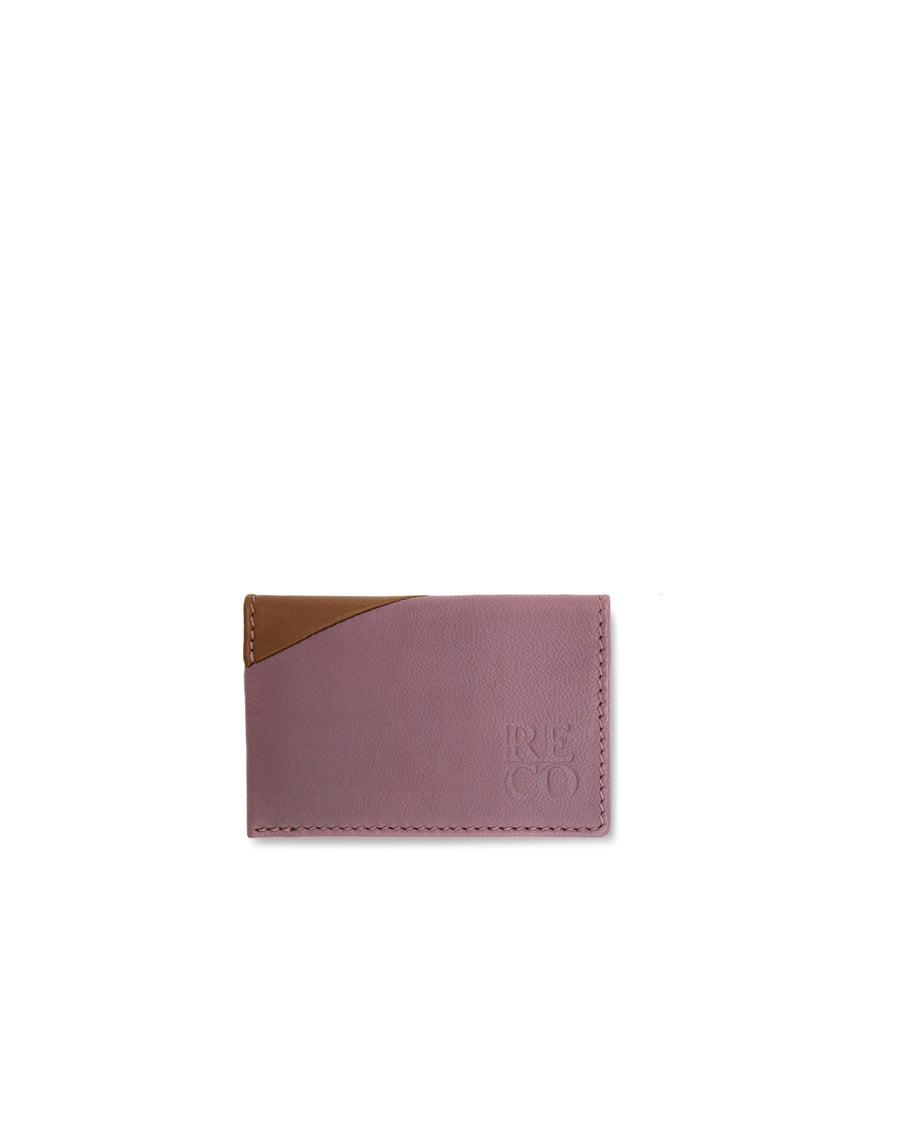 RECO Paris DIAGO folded card holder in purple and brown Nappa lambskin with signature diagonal patchwork design.