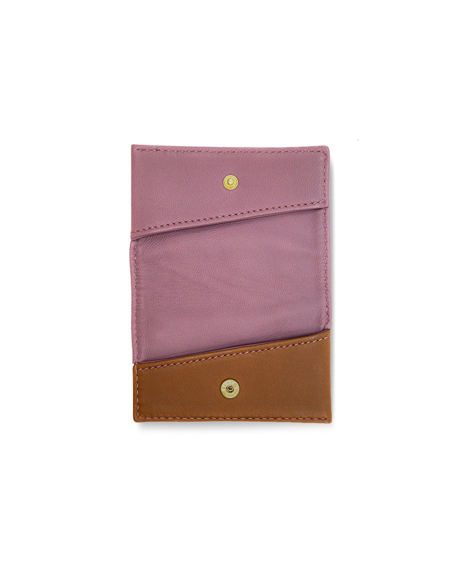 RECO Paris DIAGO card holder open with two compartments in purple and brown Nappa lambskin, functional and limited edition.